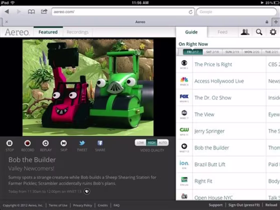 This image from Aereo shows a screenshot from the iPad showing Aereo.com streaming "Bob the Builder" on New York's PBS station, WNET 13. The service launched this week in New York, giving access to live TV from local stations on the iPad, iPhone and iPod touch.